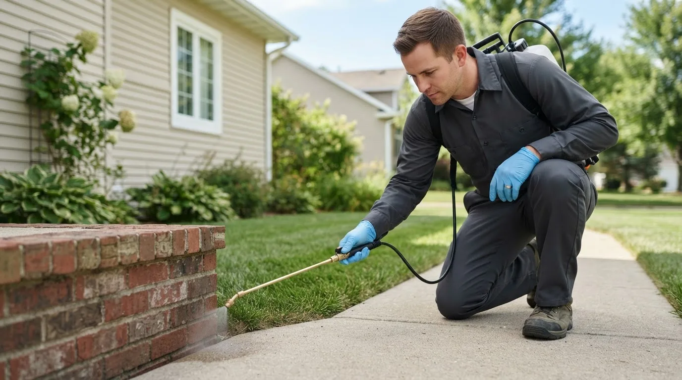 Pest control technician treating a home near Onsted, MI