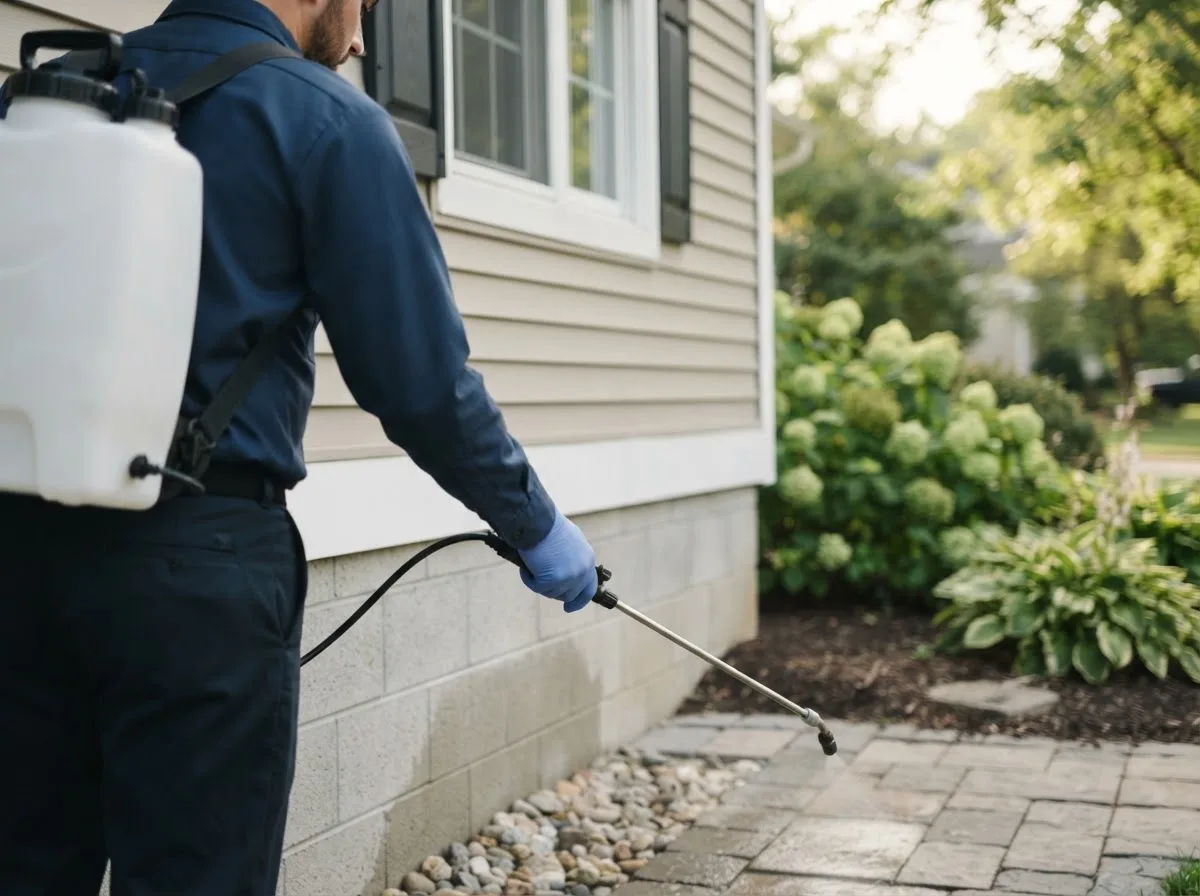 Pest control technician inspecting a home in Onsted, MI